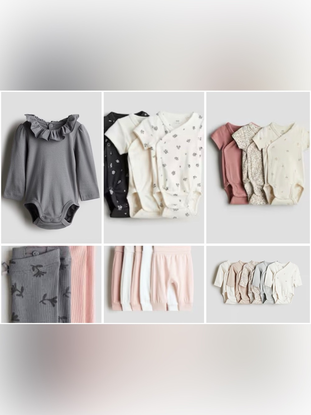 H&M Neutral Baby Bodysuits Set - Cream, Beige, Olive, Gray, Floral
